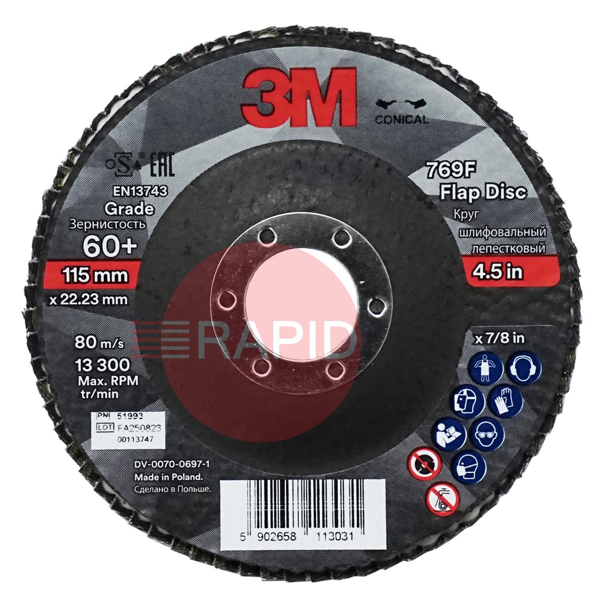 3M-51993  3M Silver Conical Flap Disc 769F 115mm x 22.23mm, 60+ Grit (Box of 10)