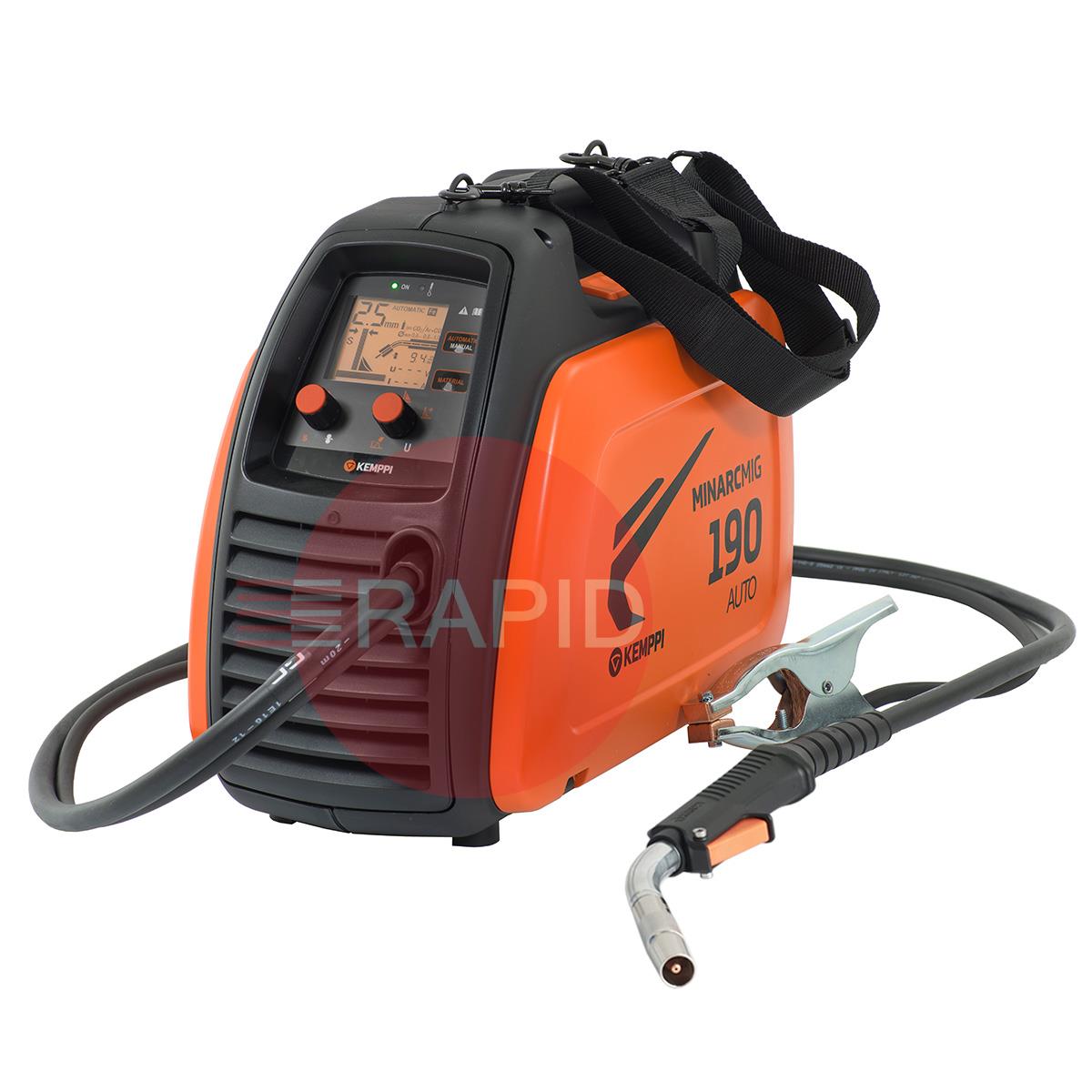 61008190  Kemppi MinarcMig 190 Auto MIG Package, 230v CE. Includes Fitted GC 223G MIG Torch, Earth & Gas Hose