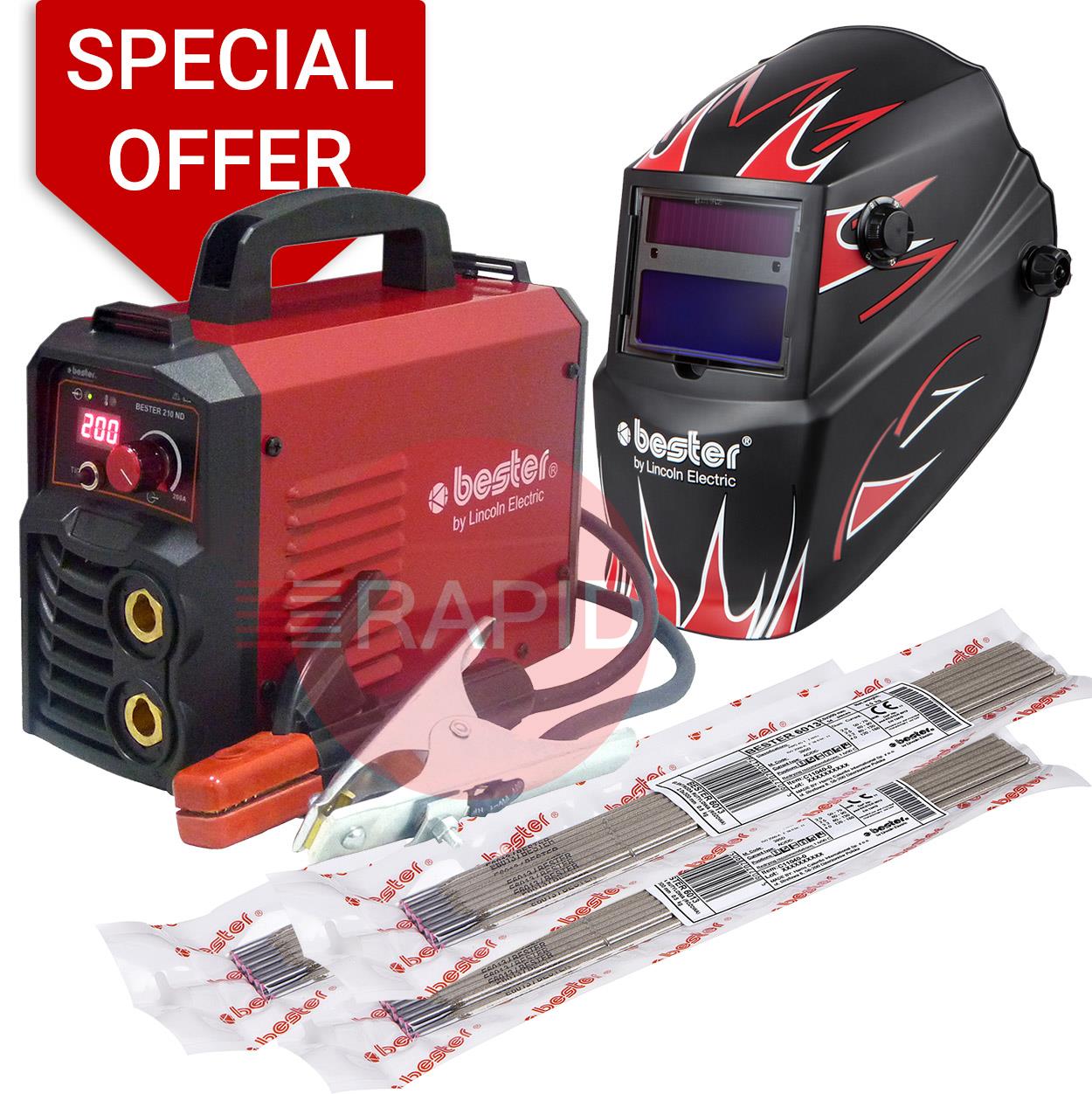 B18258-1-WH  Lincoln Bester 210-ND MMA Inverter Arc Welder, with 3m Arc Leads & Bester Welding Helmet - 230v, 1ph
