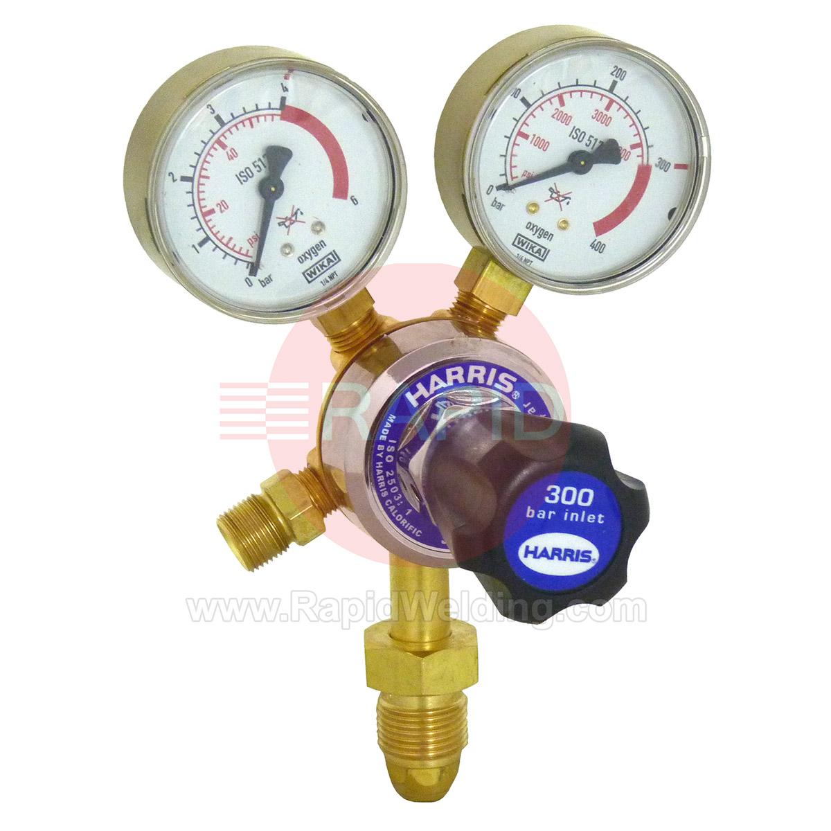 H1109  Harris 801B Oxygen Regulator Single Stage Two Gauge 4.0 Bar, 5/8 BSP RH Cylinder Connection, 3/8 BSP Outlet, UK Fitting Only