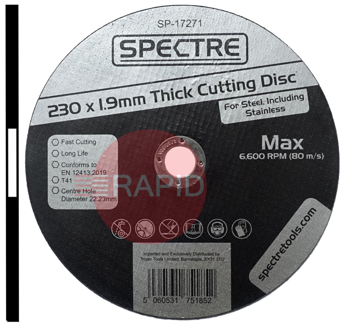 SP-17271  Spectre 230mm (9) Slitting Cutting Disc 1.9mm Thick. Grade T41 for Steel & Stainless Steel.