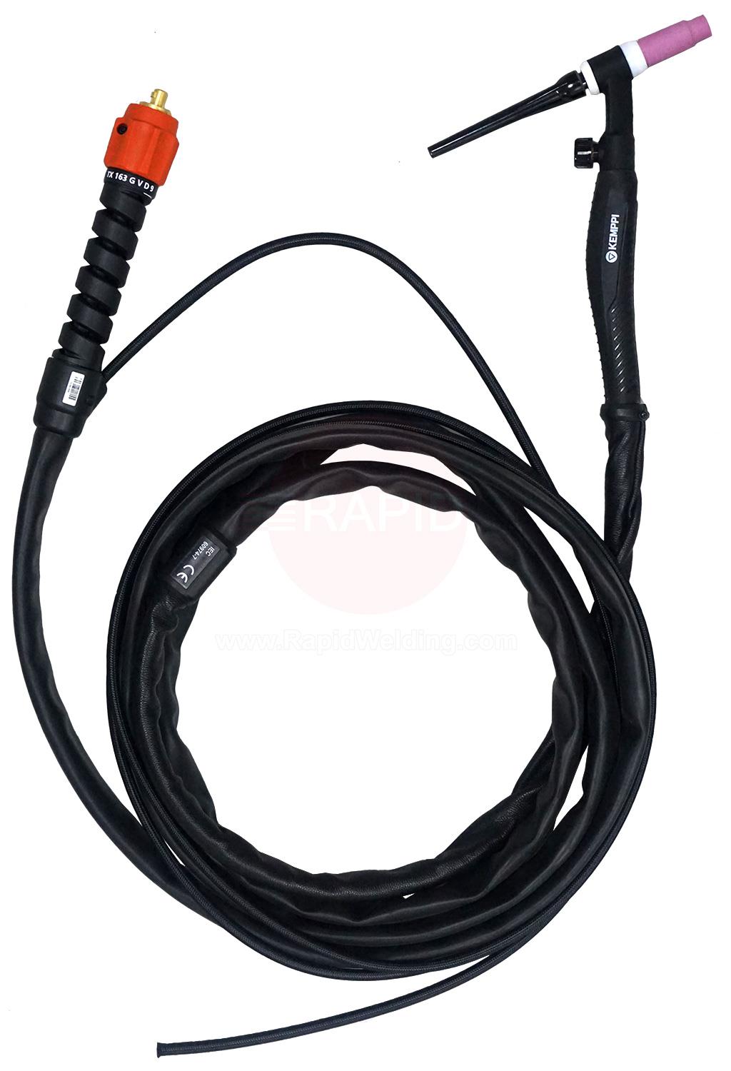 TX163GVD94  Kemppi Flexlite TX K3 163GV D9 Air Cooled 160 Amp Scratch Start TIG Torch, with 70° Angle Neck & Gas Valve - 4m